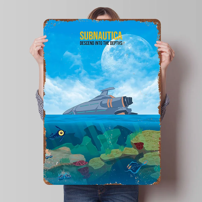 Subnautica Descend Into the Depths Tin Poster Customized Wall Art Retro Vintage Metal Signs for Fans Room Home Decoration Luxury