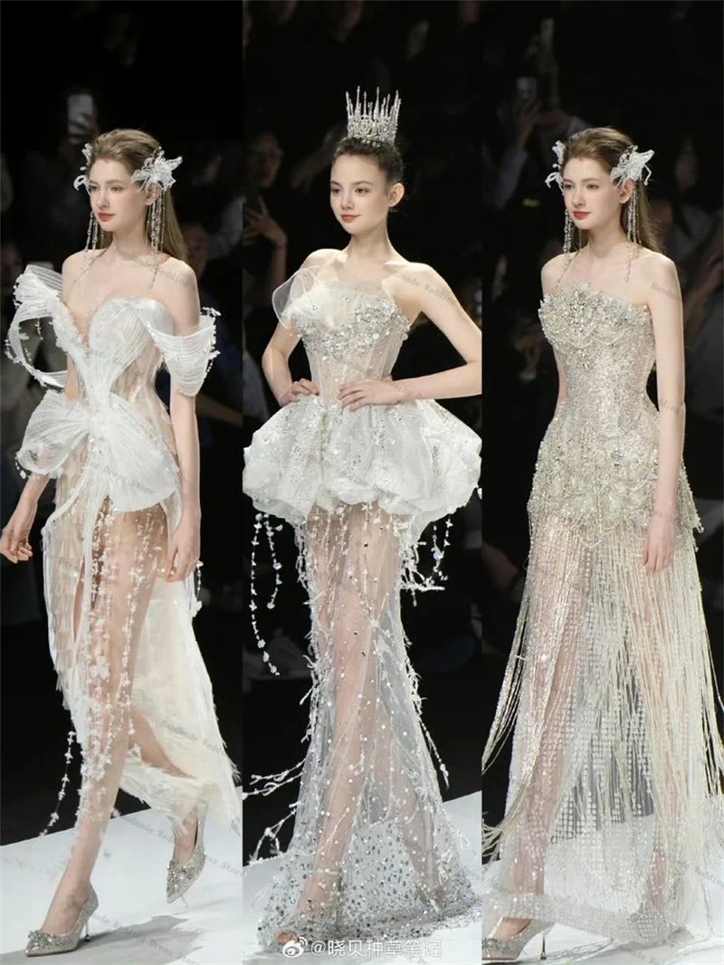 فستان نسائي فاخر لامع للحفلات الراقصة مزين باللؤلؤ والترتر مثير بدون حمالات بدون أكمام فستان زفاف شفاف من التل مخصص غمد رداء طويل #2