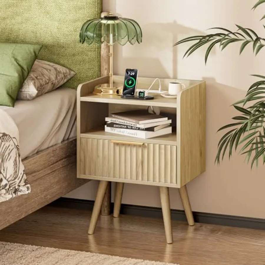 

Nightstand with Charging Station USB-C Port Fluted Night Stand with Drawer Bed Side Table with Solid Wood Feet Open Storage End