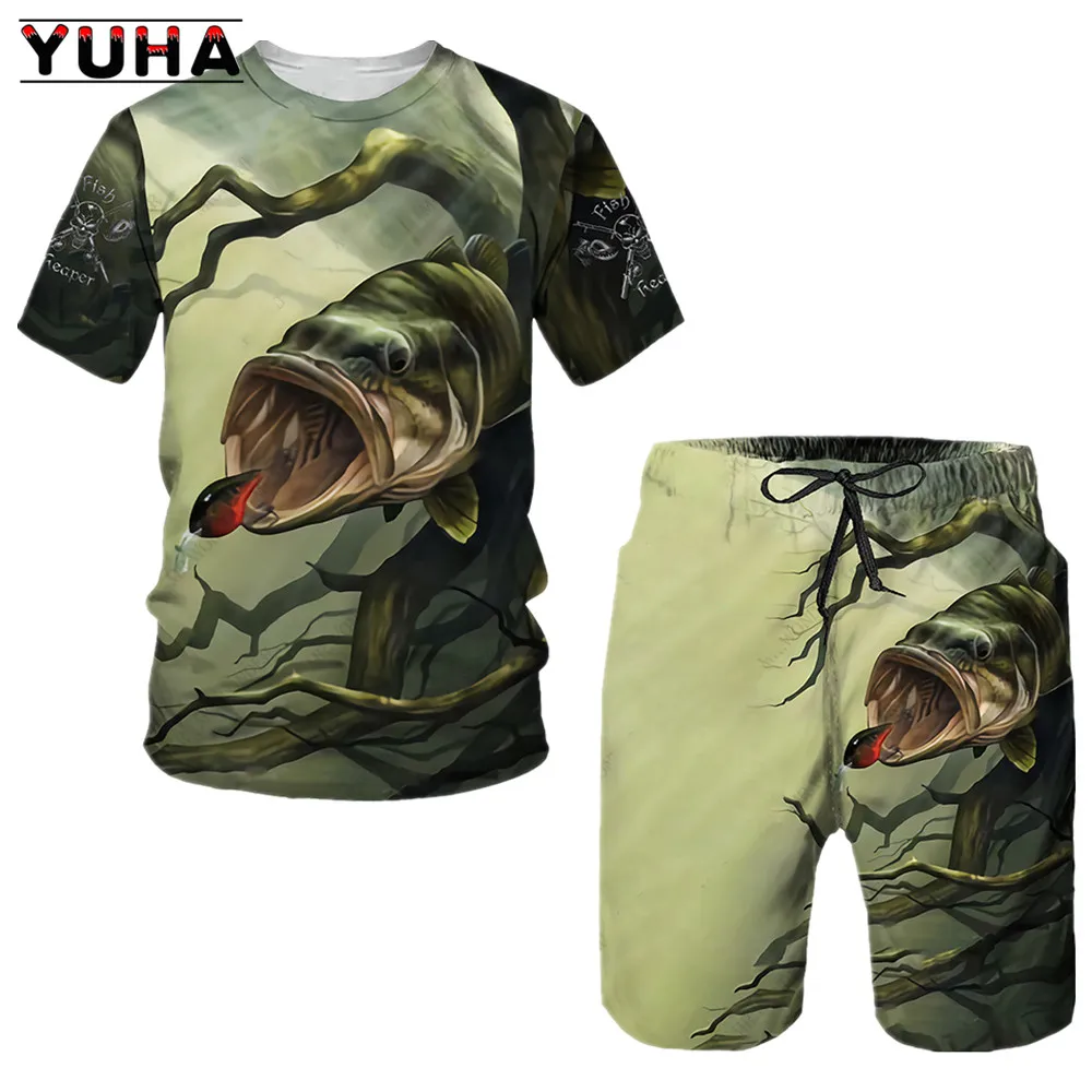 YUHA Fishing Custom 3D Printed Mens Unisex Cool Summer T Shirts Short Sleeve Casual T Shirts Hot Two Suit