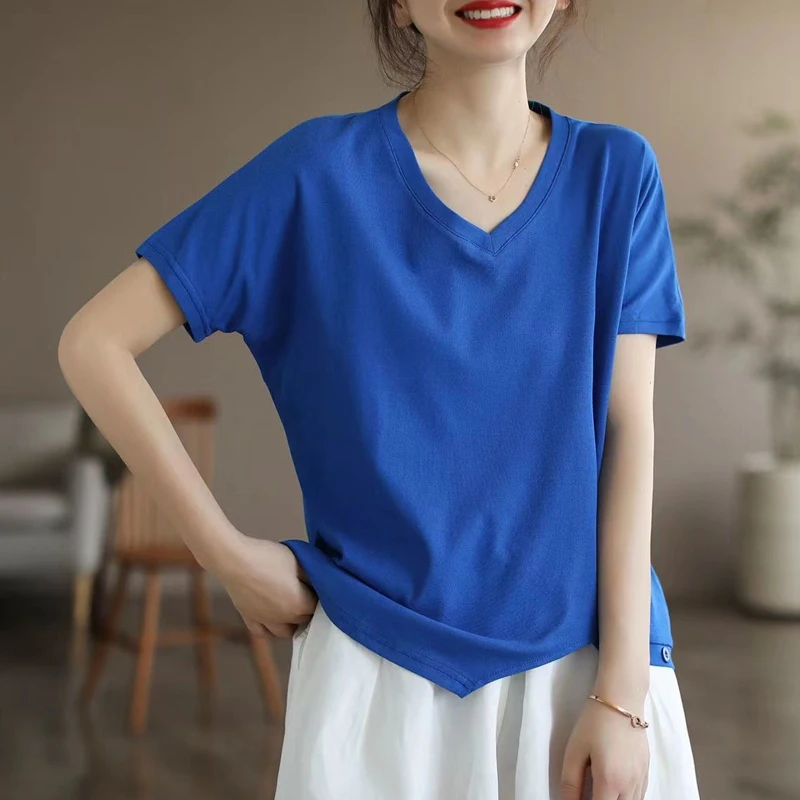 

2023 Women's Clothing Fashion Casual Office Lady Loose Round Neck Pullovers Simplicity Short Sleeve Button Comfortable T-Shirts