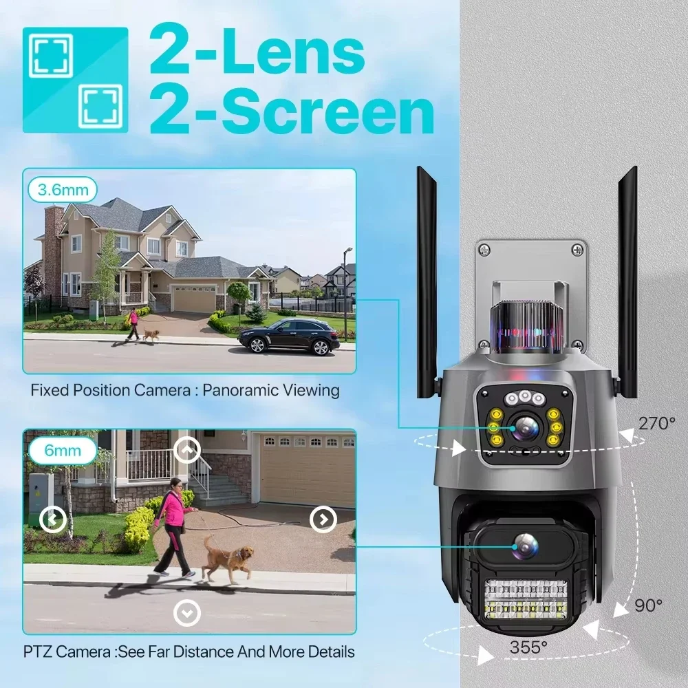V380 Outdoor WiFi PTZ Camera 4K 8MP Dual-Lens(8MP+4MP) Dual Screen AI Auto Tracking Police Light Alarm Surveillance