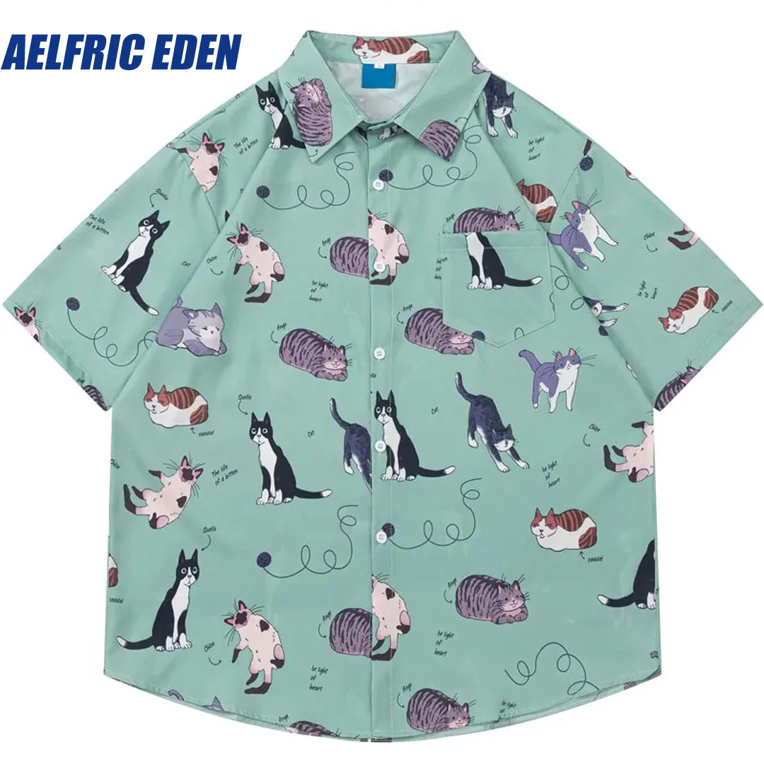 Aelfric Eden Harajuku Hawaiian Shirt Funny Cute Cat Kitten Graphic Print Summer Beach Shirts Hip Hop Fashion Loose Short Sleeves