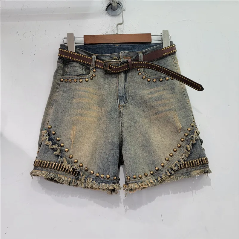 New Styledenim Shorts For Womenwomen's 2024 Summer New Spicy Girls Street Fashion Heavy Industry Pin Beads Hot Diamond Inlaid St