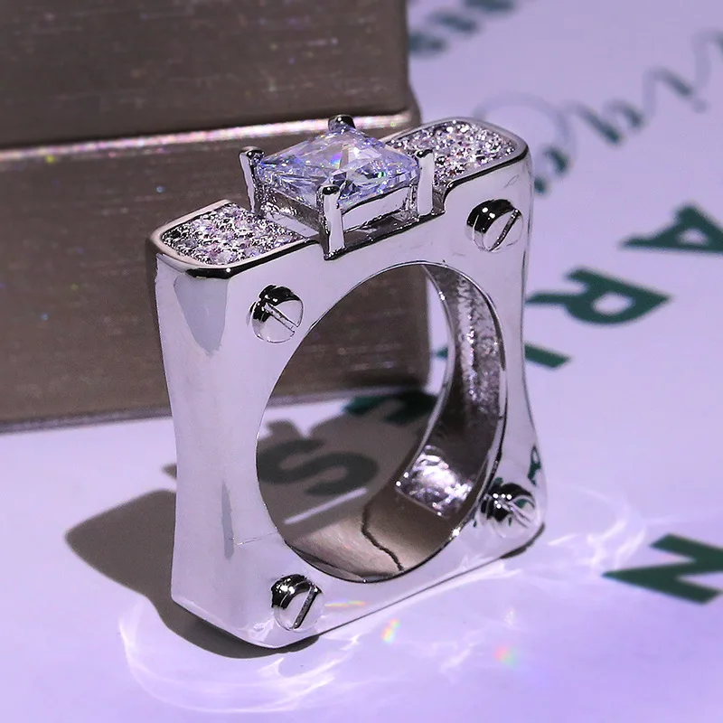 

Creative Cubic Zirconia Ring for Women Men Personality Wedding Ring Two-tone Square S925 Silver Hip Pop Ring Jewelry