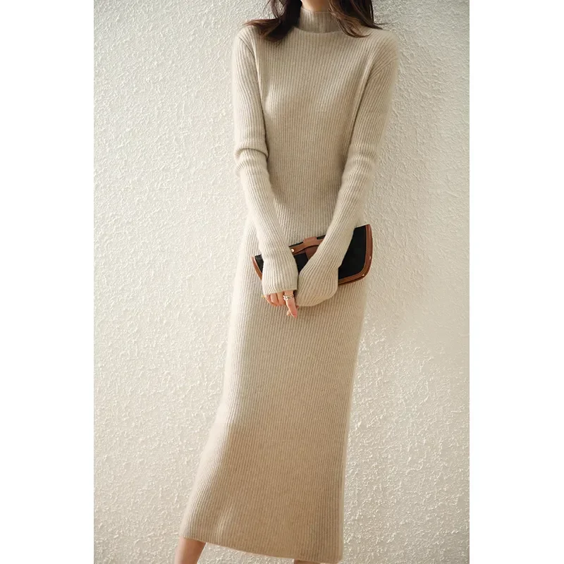 Elegant Fashion Sweater Women's Dress 100% Pure Wool Knitted Long Sleeve Knee Length  Autumn/Winter 2024 New S-2XL N119