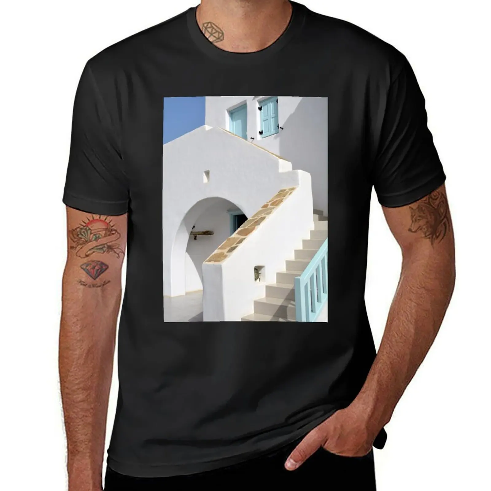 White architecture in Greece with blue elements T-shirt anime clothes oversized big and tall t shirts for men