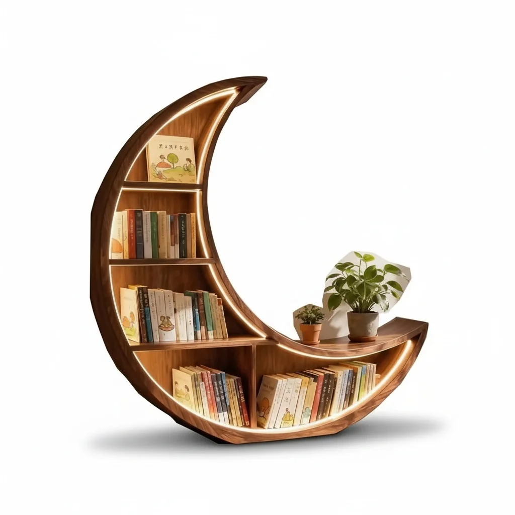 Moon Bookshelf, 4-Tier Wooden Bookcase, Unique Minimalist Integrated Storage Bookcase, Chinese-style Furniture for Home Decor