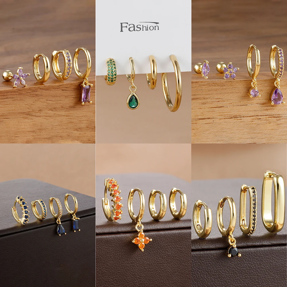 4pcs Korean Stainless Steel Zircon Water Drop Piercing Earrings Set For Women Simple Huggie Square Hoop Earring Fashion Jewelry