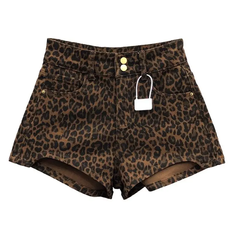 Leopard Print High Waist Denim Shorts Women's New Irregular Fashion Wide-leg Pants Booty Shorts Jeans