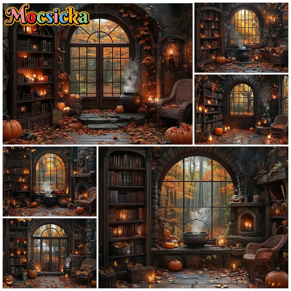 Mocsicka Autumn Cottage Photography Backdrop Vintage Bookshelf Pumpkin Fall Maple Leaves Halloween Wizard Room Photo Backgrounds