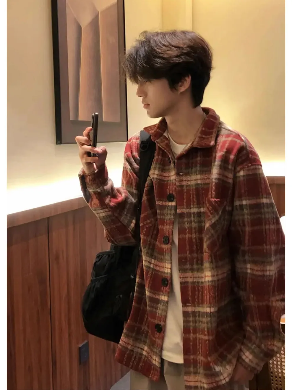 Red Brushed Plaid Long Sleeve Men's Shirt Vintage Style Workwear Jacket Casual Comfortable Loose Fit Four Seasons Universal