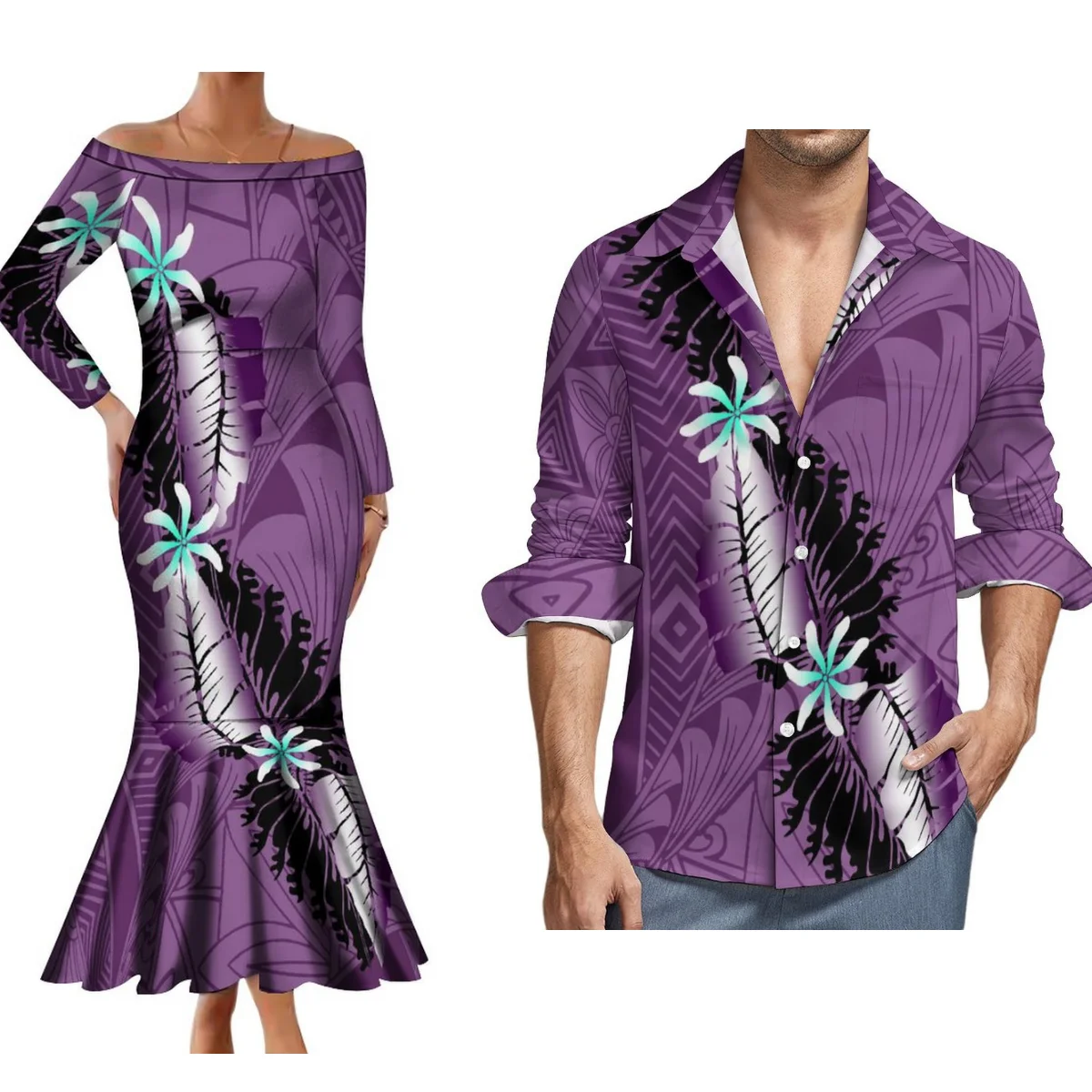 Custom Women'S Off-The-Shoulder Long Sleeve Dress Festival Party Maxi Fishtail Dress Samoa Polynesian Print Men'S Shirt