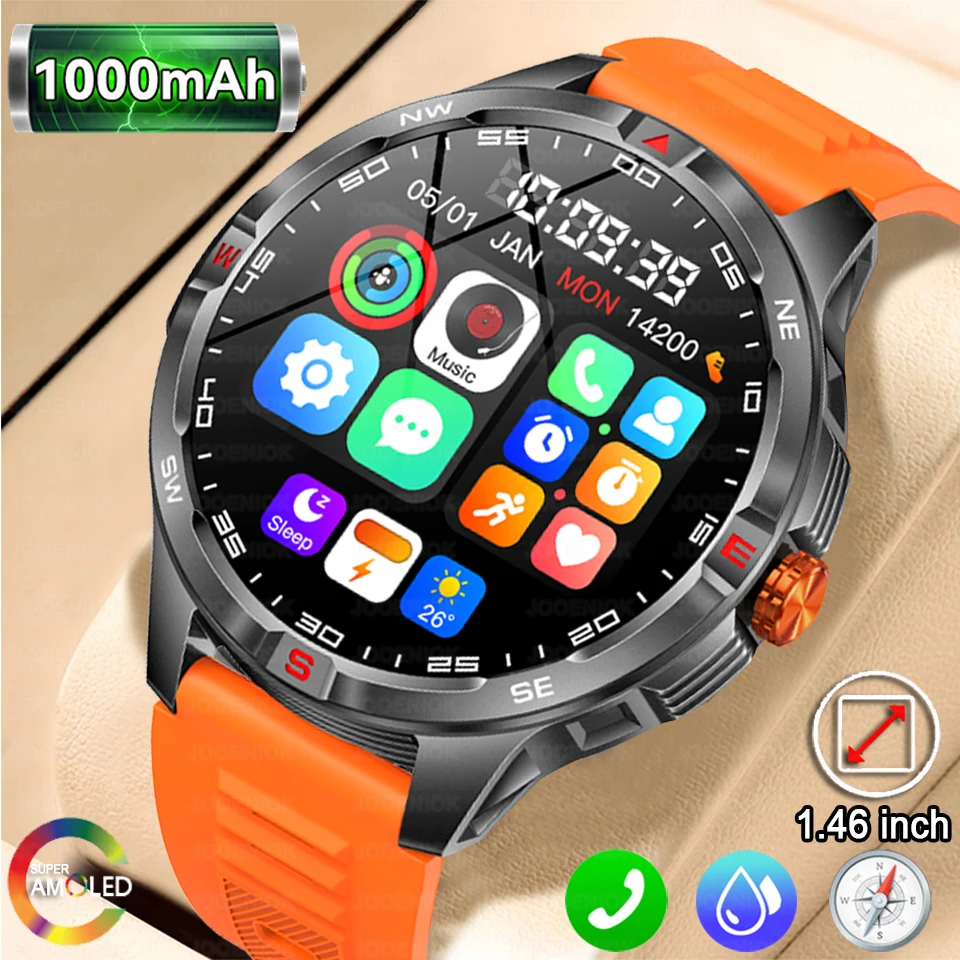 1000mAh بطارية كبيرة الرياضة ساعة ذكية الرجال أندرويد IOS البوصلة بلوتوث دعوة 1.46 بوصة معدل ضربات القلب 3ATM مقاوم للماء Smartwatch