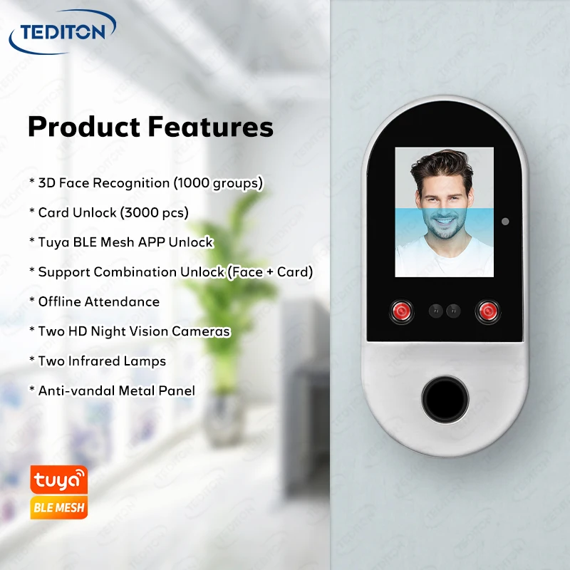 001 Tediton Nova máquina de atendimento Tuya Smart APP Reader Controle de acesso de reconhecimento facial