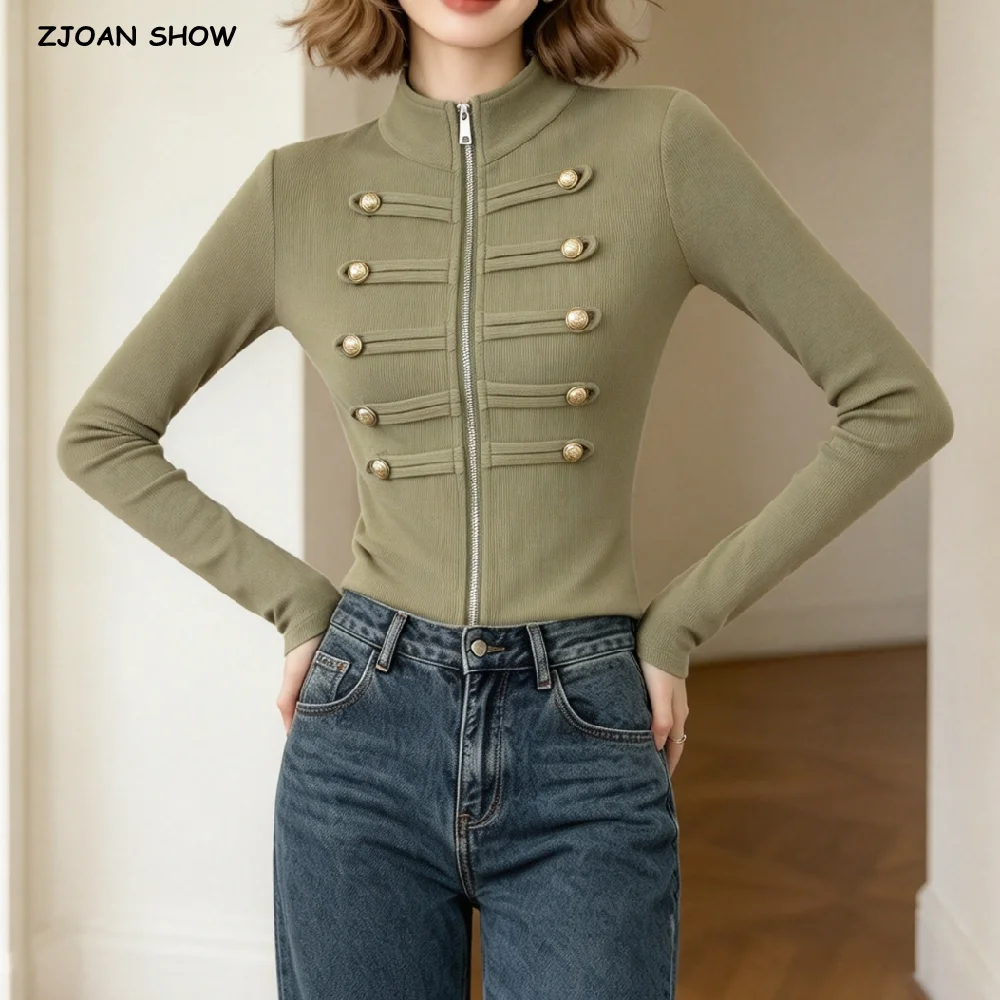 Spring Autumn Women Vintage Double Row Roman Buttons Long Sleeve Top Slim Fit Stand Collar Zip Up Ribbed Knit T-shirts Armygreen