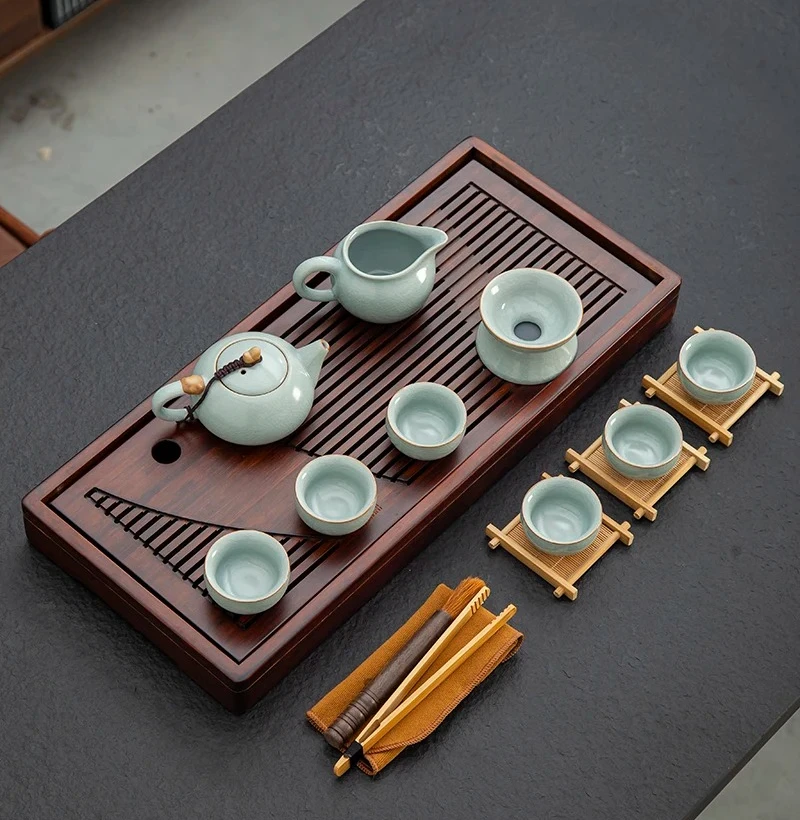 Kung Fu Tea Set Solid Wood Tea Tray Teapot 20-piece Tea +  black teapots