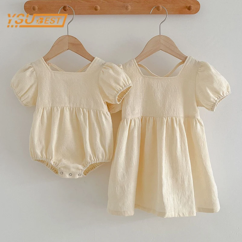 Summer Newborn Toddler Baby Girls Pure Color Jumpsuit Sweet Baby Girls Short Sleeves Kids Princess Dress Girls Sister Clothes