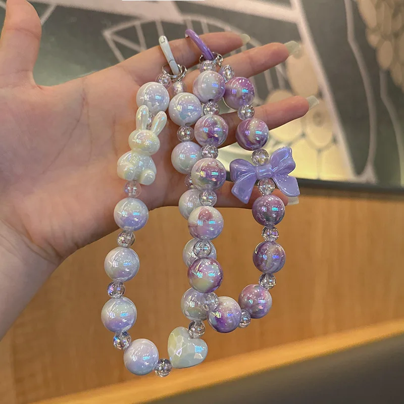 Phone Anti-lost Lanyard Key Short Wrist Pendant Colorful Macaron Bowknot And Round Bead Pendant Women's Hand-held Chain Mobile P