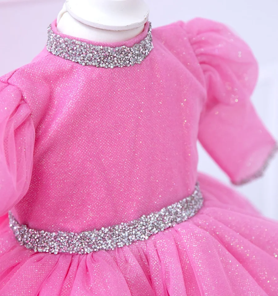 Hot Pink Glitter neonate primo compleanno vestito Tutu vestito fiore ragazza vestito Prom abito di natale maniche a sbuffo 12M 24M