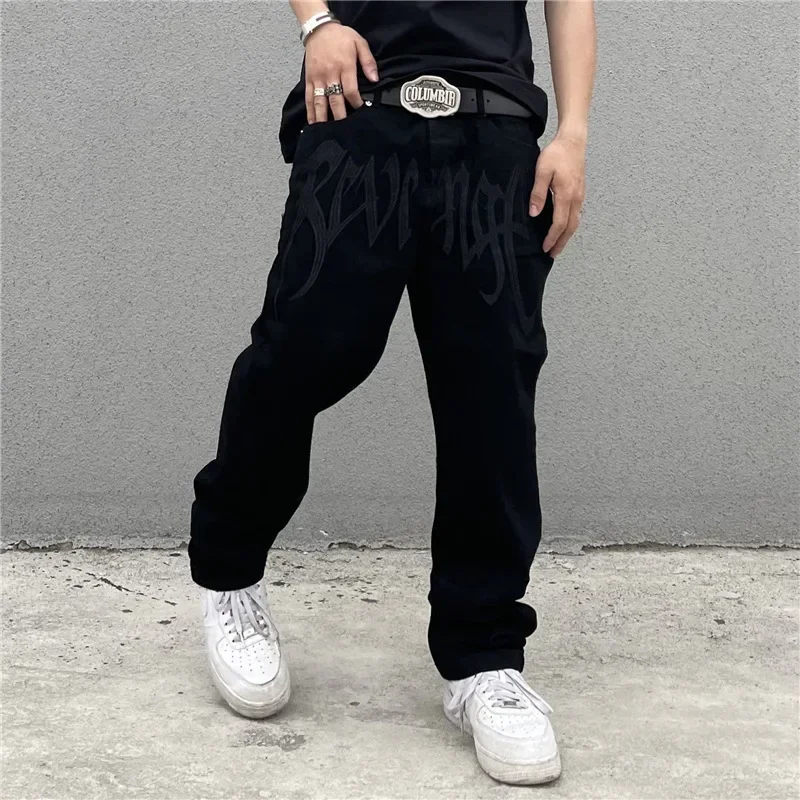 

New American Streetwear Embroidered Letters Black Loose Jeans for Men Retro Street Hip Hop Y2K Men's Straight Denim Trousers