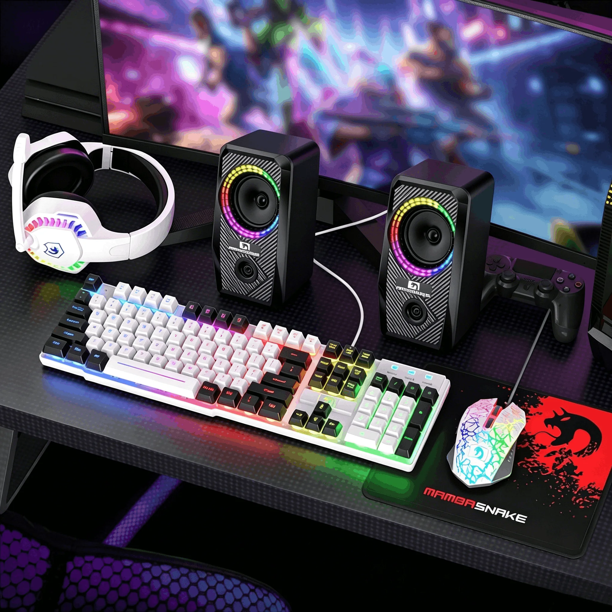 MAMBASNAKE T11 5-IN-1 Wired Rainbow LED Backlit Keyboard and Mouse, Over Ear Headphone with Mic, Gaming Mice and Pad, Speaker