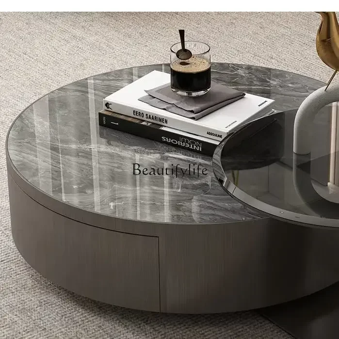 XX39Italian light luxury stainless steel with drawer rock slab glass edge table high-end combination round coffee table