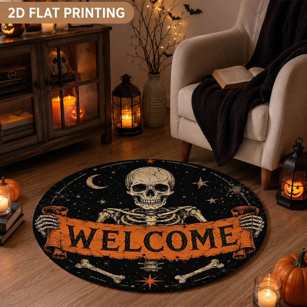 Halloween Distressed Skeleton Moon Star Welcome Pattern Round Rug bedroom home decor game room entry mat living room Rug