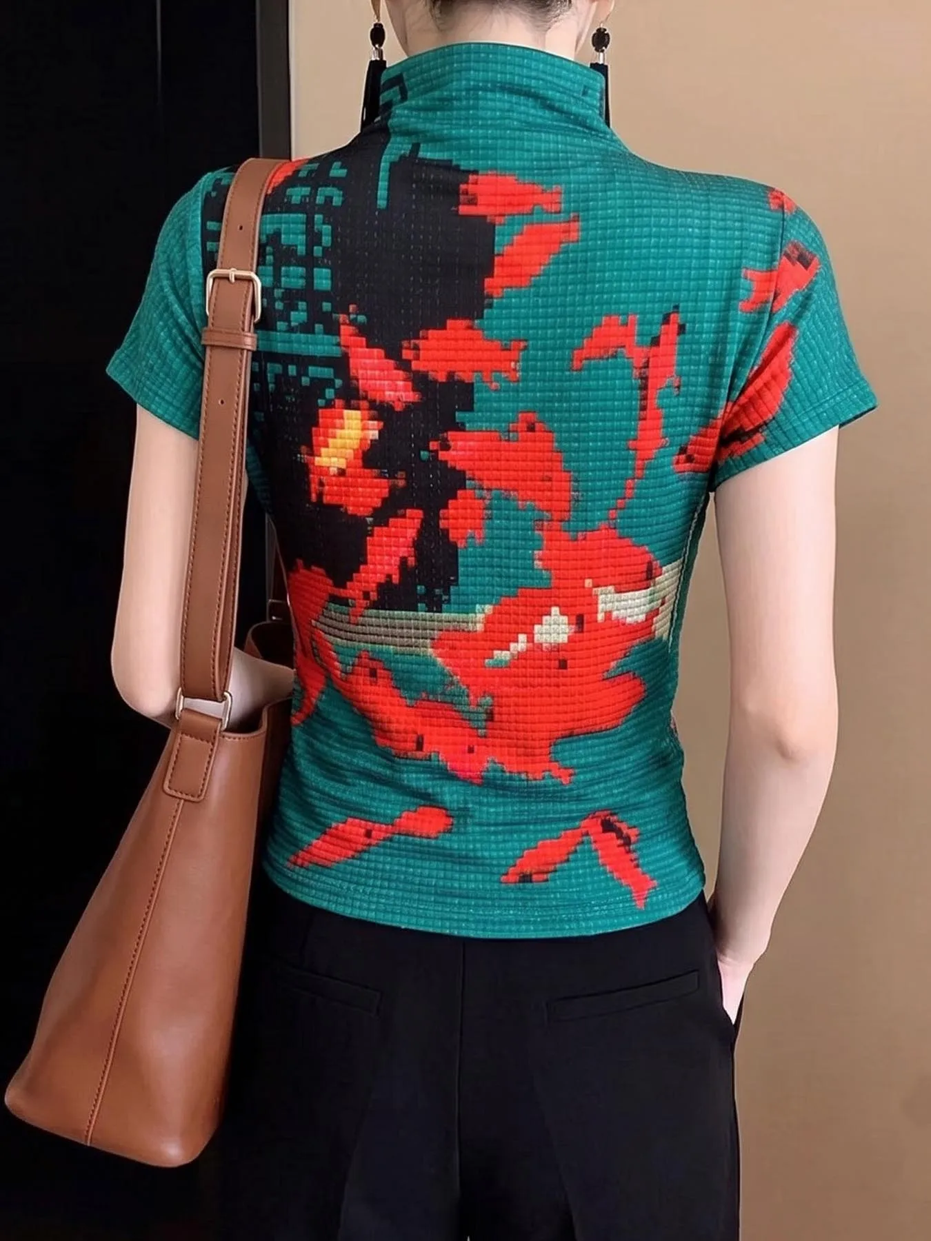Orientalischer Koi-Druck 2026 Neues Vintage INS Hochgeschlossenes T-Shirt für Damen Waffelstoff Kurzarm Sommer Streetwear Tee – Detail 3