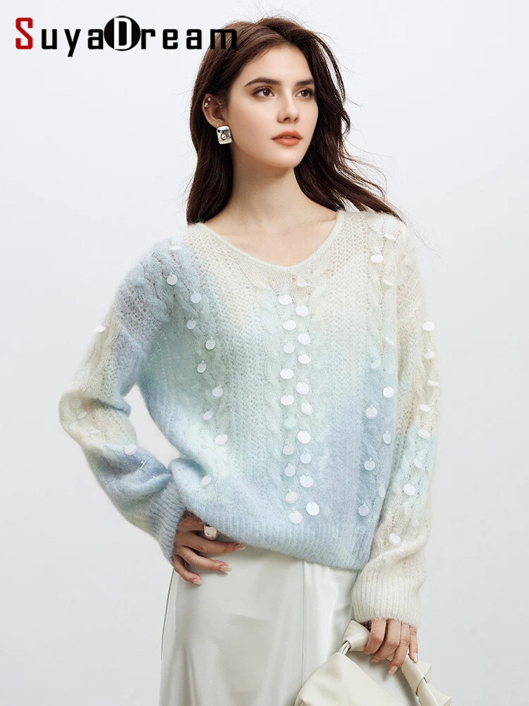

SuyaDream, Women Mohair Pullovers, Wool Blend, V Neck, Printed Sweaters, 2025 Fall Winter Fashionable Top, Blue, Khaki