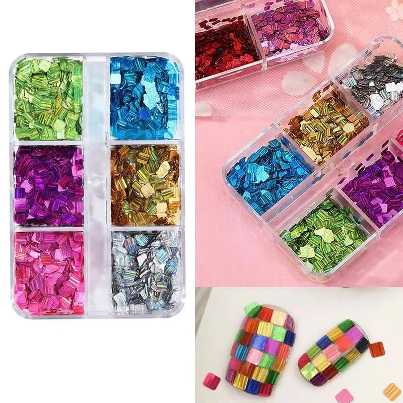6/12 Grids Diamond And Rectangular Sequin Nail Art Accessories Retro Patchwork Sequin DIY Nail Decor Supplies