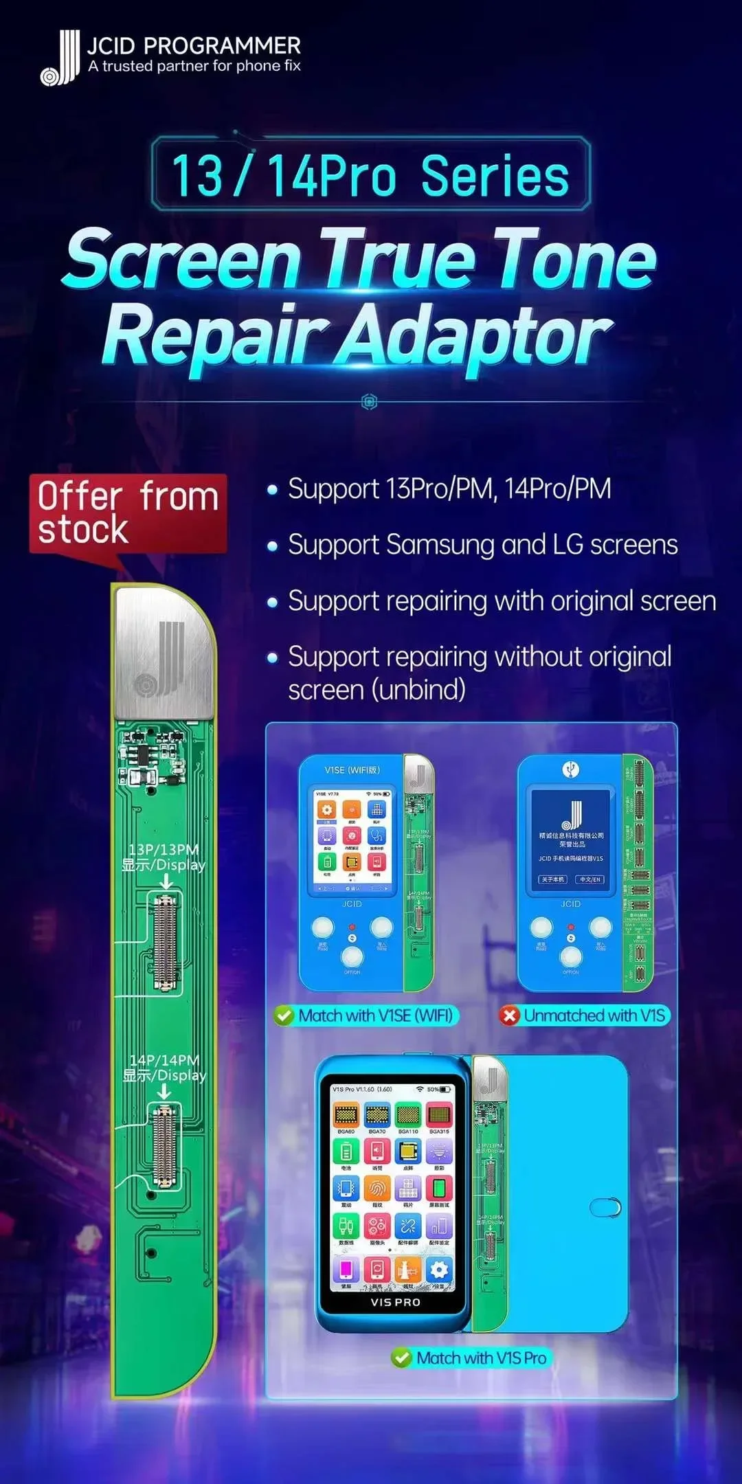 JCID V1SE/V1S Pro True Tone Repair Board For iP 7 8 11 12 13 14 15 Pro Max Phone LCD Real Color Recovery After Replacing Screen