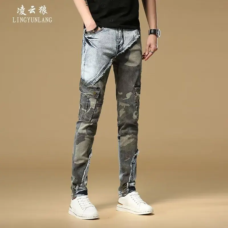 Fashion 2025 Men Retro Slim Spring Autumn Pencil Pants Distressed Patchwork Wrinkle Designer Camouflage Kpop Man Designer Jeans