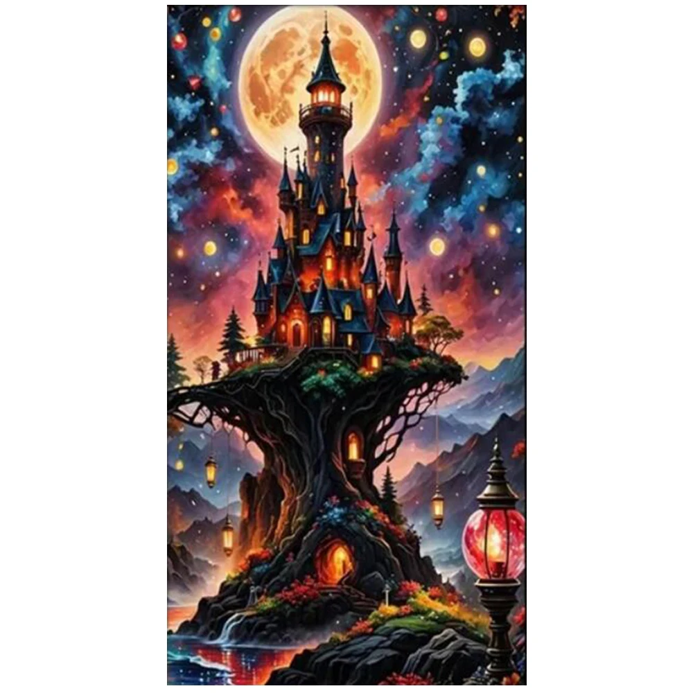 Diy Diamond Painting Landscape Full Square Round Diamond Mosaic Art Large Home Decor The Castle Tree of the Fairy Tale World