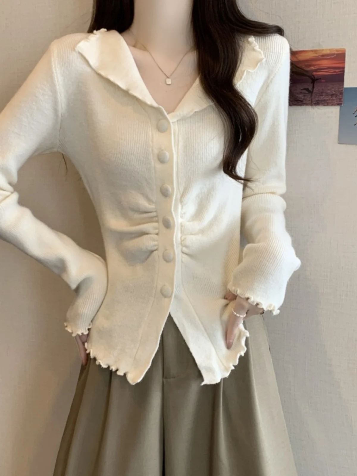 

plus Size Knitwear Long Sve Waist-Cinching Collared Women's Base Layer irt Spring Autumn High Waist Pleated Top