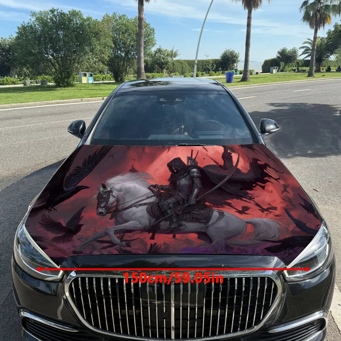 Blood Colored Knight Riding White Horse Car Vinyl Wrap, PVC Waterproof Car Hood Sticker, Self-Adhesive Scratch-Resistant Sticker