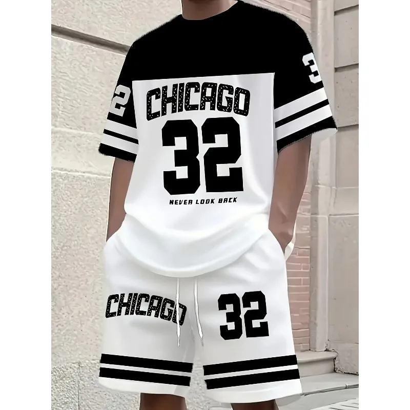 

Мужская спортивная черно-белая минималистичная футболка с короткими рукавами и шортами с 3D принтом, модный и повседневный комплект из 2 предметов