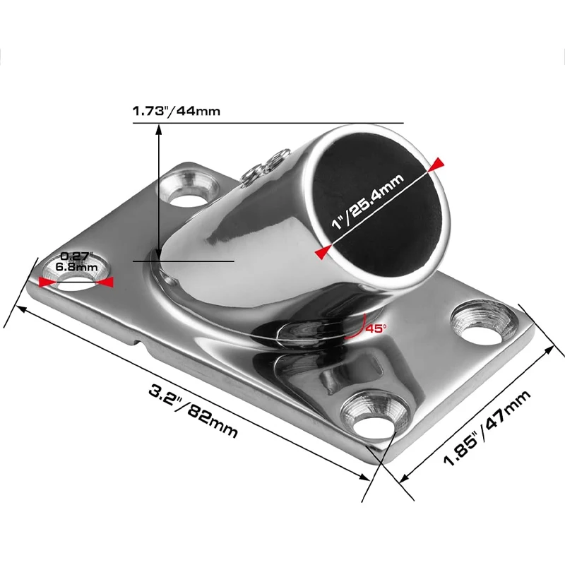 보트 핸드 레일 피팅 직사각형 베이스-해양 45 도 1 인치 316 등급 스테인레스 스틸, 선박 요트 유리 섬유 보트에 사용, 1PC