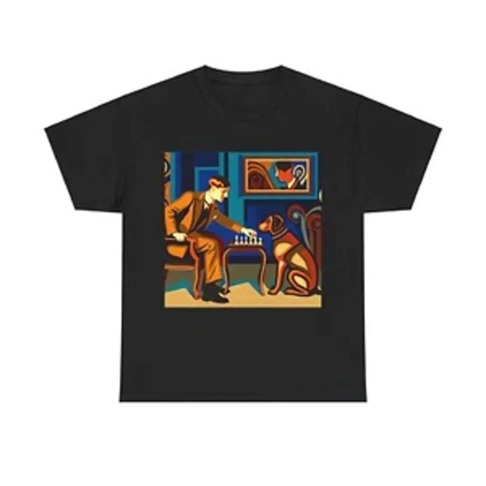 Adult T Shirt Art Deco Chess Game with Gentleman and Dog Companion Retro vintage Washed Comfortable homme Stretched fashion