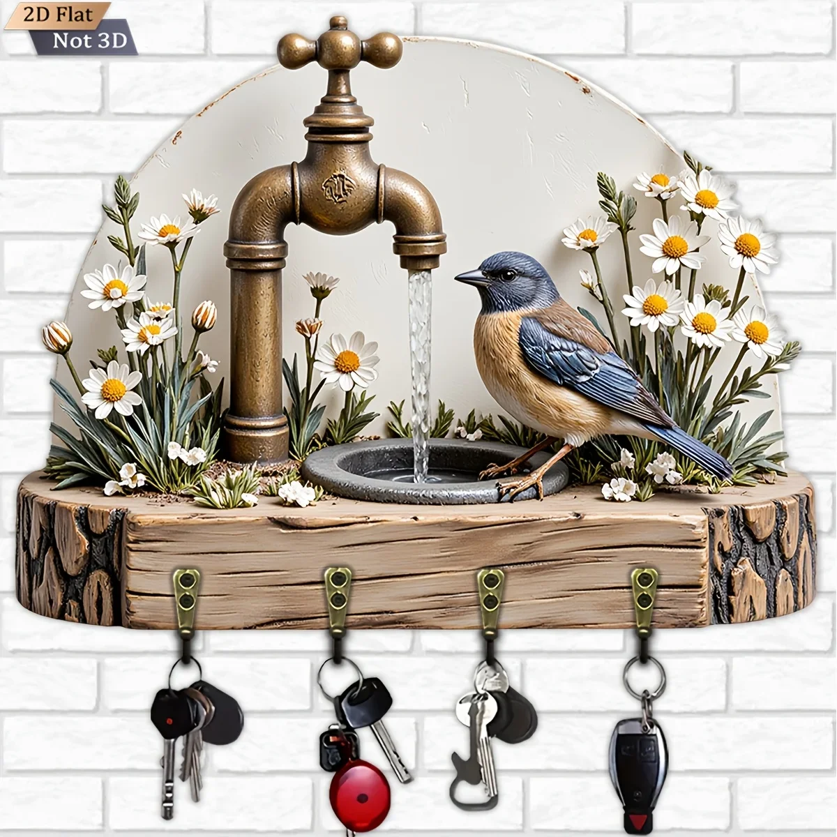 2D Flat, 1pc, Retro Faucet Bird Daisy Key Hook Wooden Multifunctional Home Key Rack with Four Metal Hooks, Wall Decoration,