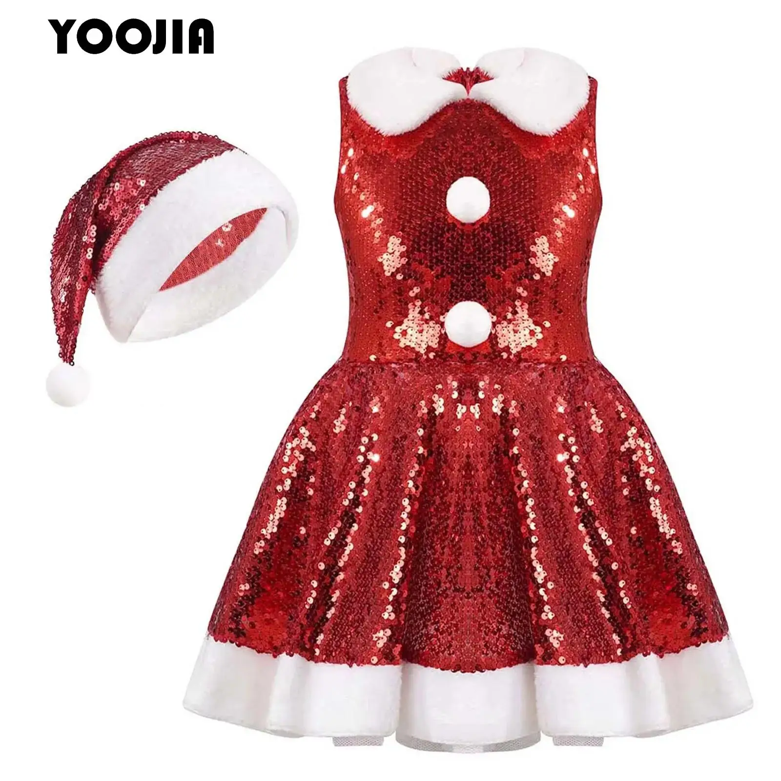 

Girls Sequin Christmas Ballet Tutu Dress Sleeveless New Year Party Santa Claus Cosplay Suit Skating Gymnastics Leotard Dancewear
