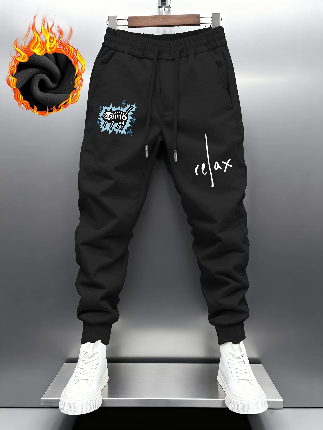 Playful‑street doodle‑cat relax‑slogan graphic relaxed loose cut sweatpants men hip hop sports casual jogger pants