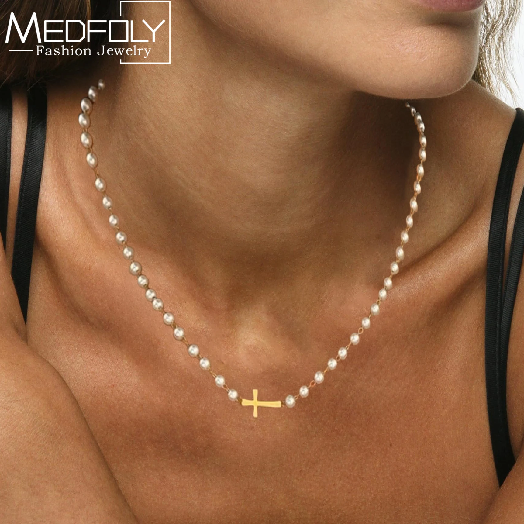 MEDFOLY 14-каратное позолоченное ожерелье с крестом для женщин, противоаллергический маленький кулон с крестом, жемчужная цепочка, модные ювелирные изделия в виде веры, подарок MEDFOLY 14-каратное позолоченное ожерелье с крестом для женщин, противоаллергический маленький кулон с крестом, жемчужная цепочка, модные ювелирные изделия в виде веры, подарок