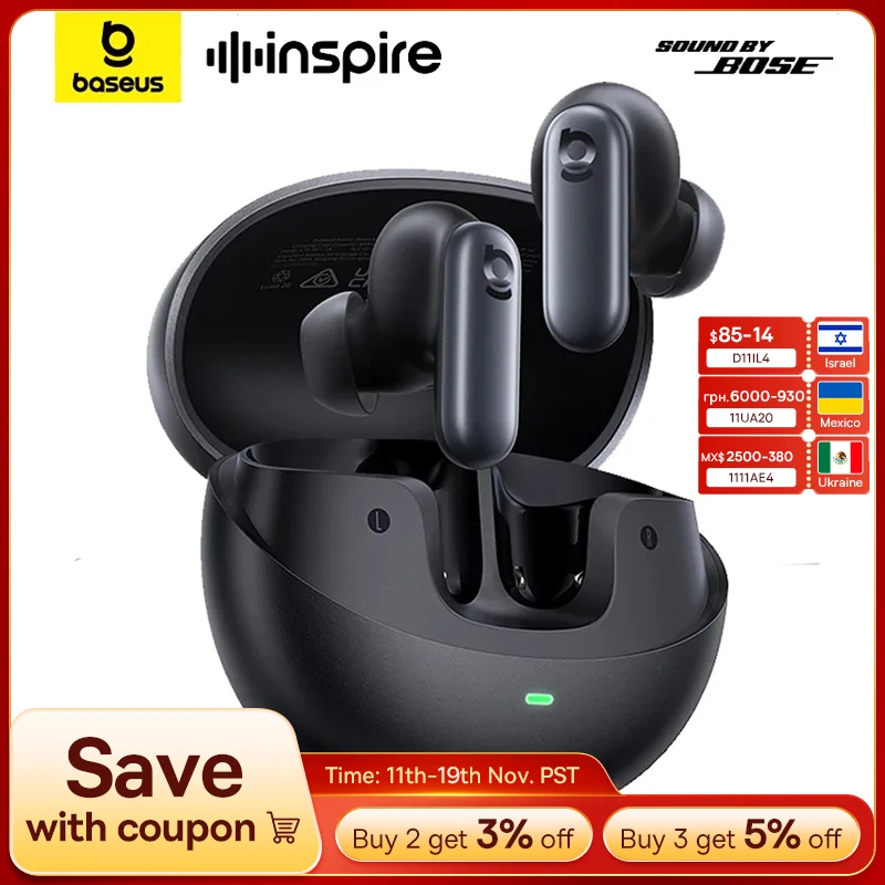 Baseus Inspire XP1 -50dB Adaptive ANC Wireless Earbuds Bluetooth 6.1 Dolby Audio 6 Mic ENC Wireless Earphones bud Sound by Bose