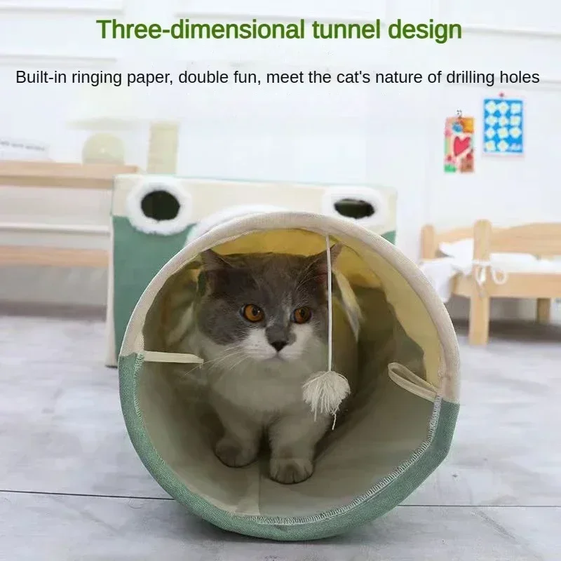 2 in1 faltbares Katzen tunnel bett, Katzen haus mit Katzen kratz baum, Katzen versteck höhle, Würfels piel platz für Kätzchen, Katzen spiel tunnel