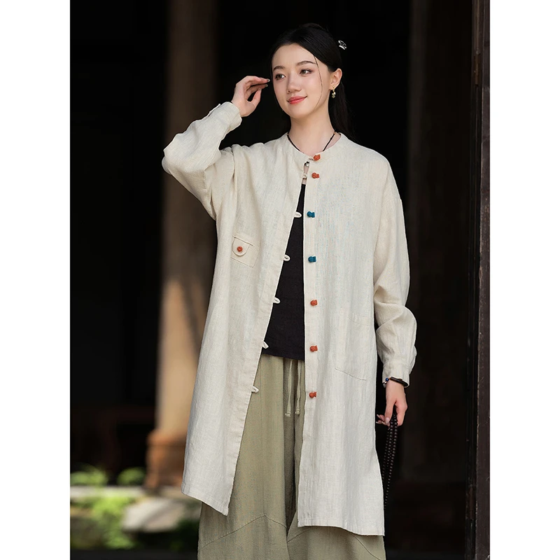 芸術スタイル春の新作女性ルーズ長袖 O ネックブラウスカジュアル良質ヴィンテージコットンリネンシングルブレストシャツ Y205