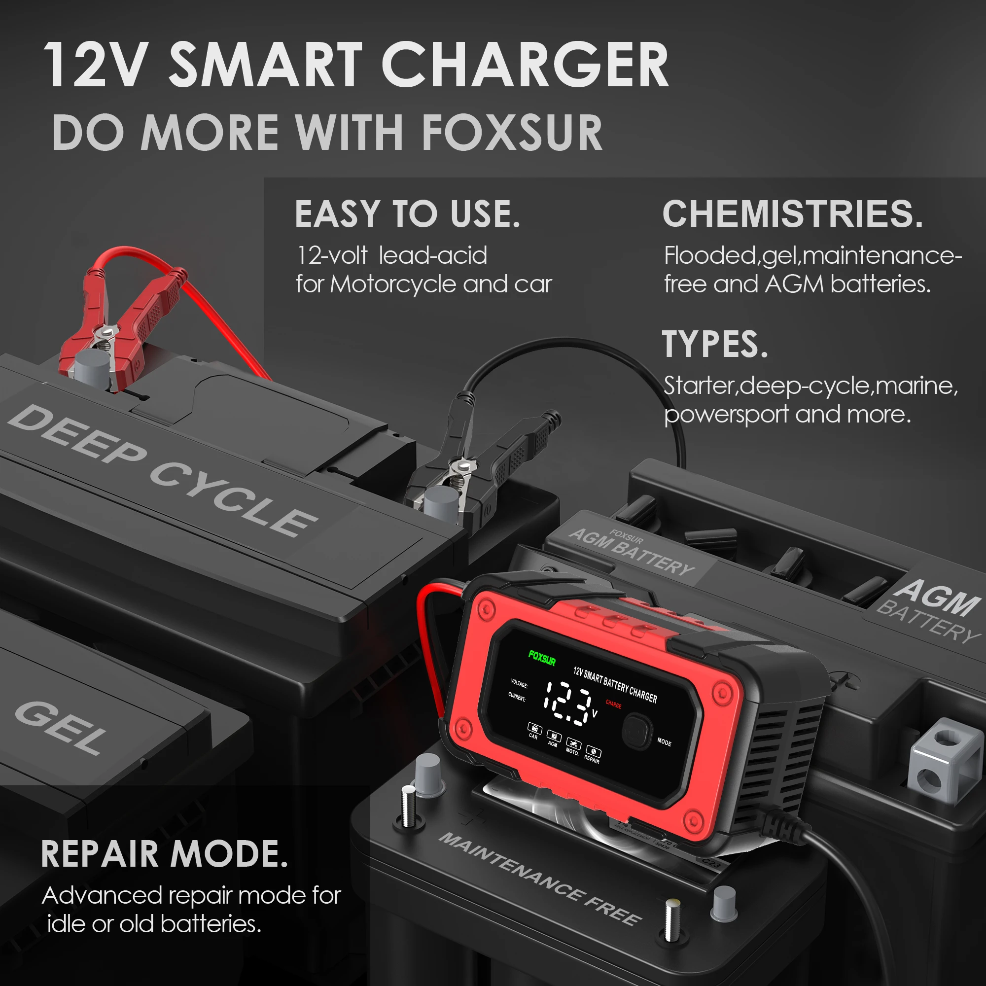 FOXSUR 6A Intelligent Battery Charger 12V for Car Motorcycle RVs SUV Fully Automatic Gel AGM Wet Lead Acid Battery Fast Charging