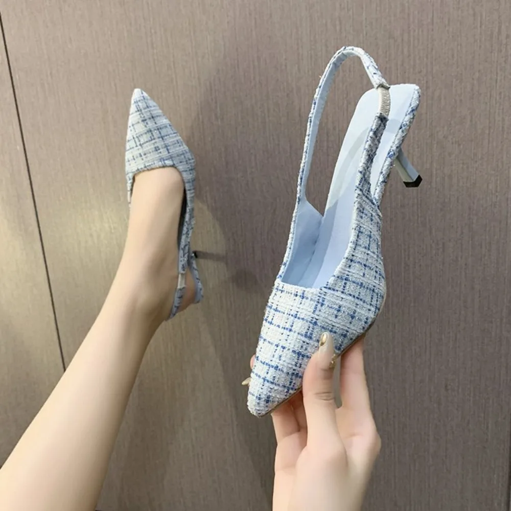 Elegant Office Ladies Slingback Stiletto Shoes Summer Backless Pointed Toe Thin Heels Light Blue Checkered High Heeled Sandals view 2