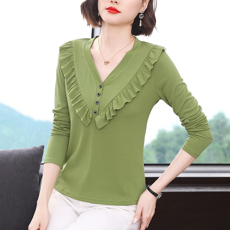 

Korean Fashion Spring New V-neck Long Sleeved T-shirt Women's Solid Stripe Patchwork Ruffles Button Simple Casual Loose Top 2023