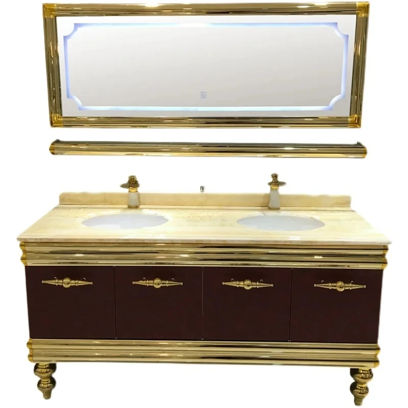 

Customized new Chinese stainless steel bathroom cabinet natural marble light luxury washbasin cabinet combination